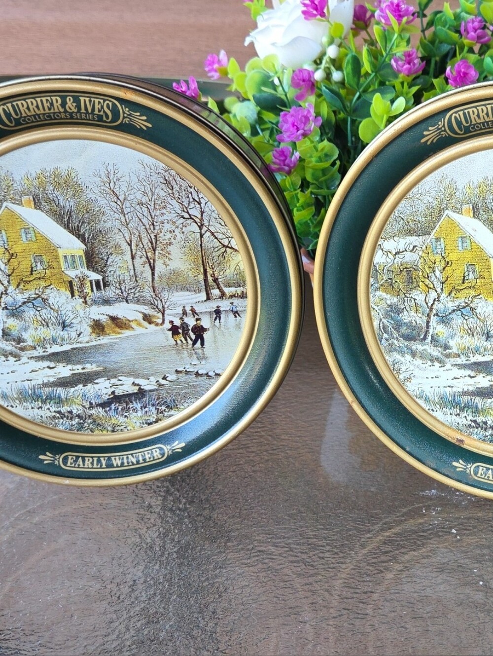2 Vintage Courier & Ives Decorative Collector Tin Pair - Early Winter ☆ 2 Each